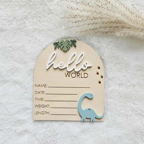 Personalized Dinosaur Birth Announcement Sign, Wood Acrylic Hello World Baby Stats Disc, Newborn Photo Prop, Nursery Decor, Baby Name Sign