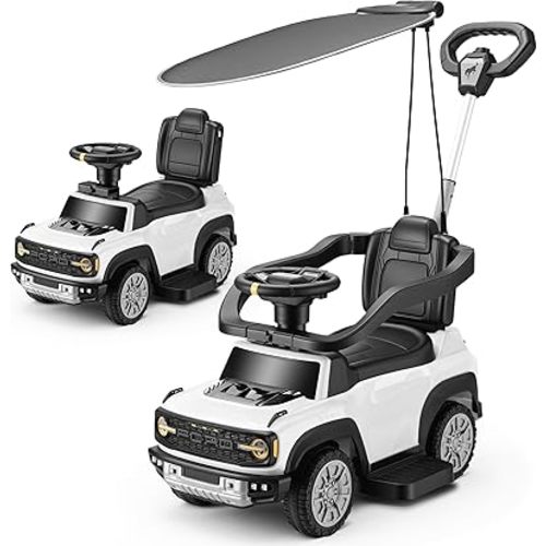 First Ride On Licensed Ford Bronco Raptor Push Car for Toddlers 1-3 with Canopy, 3-in-1 Toddler Push Car w/Adjustable Handle, Rails, Horn and Music, Outdoor Stroller, Toddler Ride on Toy (White)