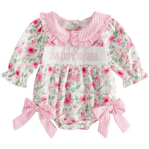 Newborn Baby Girl Fall Winter Clothes Floral Print Daddys Girls Long Sleeve Bubble Romper Cute Coming Home Outift