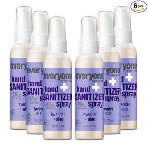 Everyone Hand Sanitizer Spray, 2 Fl Oz (Pack of 6), Lavender and Aloe, Made with Sugarcane Derived Alcohol with Essential Oils, 99% Effective Against Germs TSA friendly