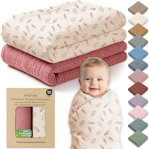 infancie 100% Organic Cotton Muslin Baby Blanket - 47x47 Inch Breathable Swaddle, Hypoallergenic Double-Layer, Versatile Use (Pink Floral, 47x47 Inch)