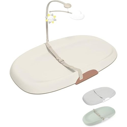 Skip Hop Baby Changing Pad Nursery Style Wipe-Clean Contoured with Cushioned Foam, Non-Skid Base, Built-in Safety Belt & Tuck-Away Toy Bar Fits Standard Changing Tables, Oat