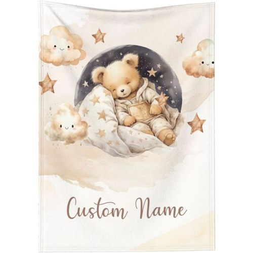 Personalized Baby Blanket for Boys Girls Bear Custom Baby Blanket with Name for Newborn Toddler Kids Unique Gifts for New Mom Baby Shower Birthday Christmas Soft Swaddle Receiving Blankets Nursery