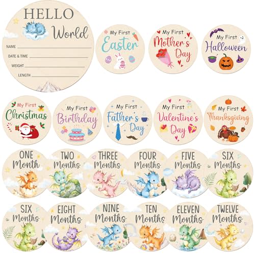 Dragon Monthly Baby Milestone Signs, 11PCS My First Holiday Milestone Cards Newborn Halloween Christmas Gift, Wooden Baby Announcement and Hello World Newborn Sign