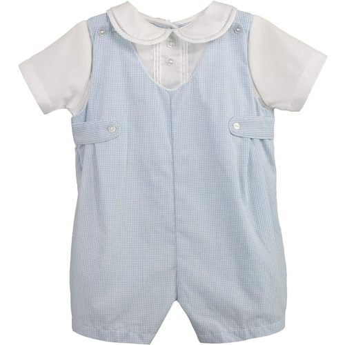 Petit Ami Baby Boys' Side Tab Pintuck Gingham Romper, Blue