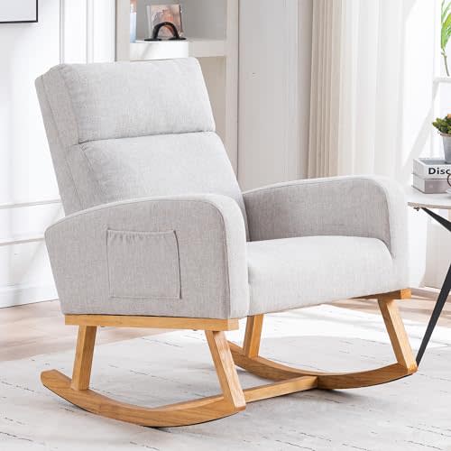 HCHAIRH Rocking Chair Nursery, Nursing Rocker Armchair with High Backrest, Comfy Rocking Chair for Nursery, Bedroom (Light Grey)
