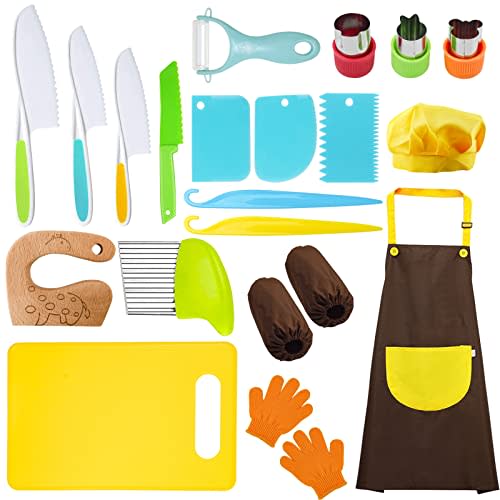 RISICULIS 21 Pieces Toddler Knife, Kids Knife Set Includes Wood Kids Safe Knife, Plastic Toddler Knife, Cutting Board, Apron, Chef Hat, Y Peeler, Crinkle Cutter, Cake Scraper, Gloves, Sandwich Cutter