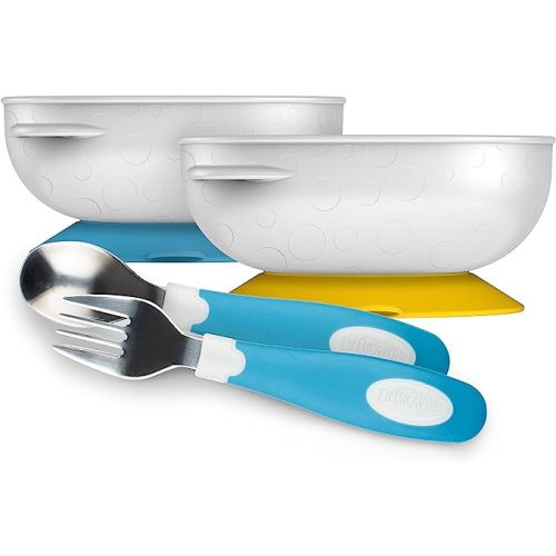Dr. Brown’s Designed to Nourish Soft-Grip Spoon and Fork Set, Blue & White and No-Slip Strong Suction Bowl for Babies and Toddlers, BPA Free, 2 Pack
