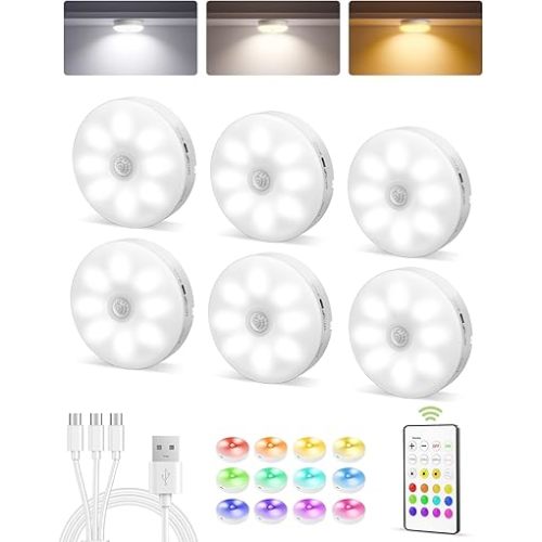 EZVALO 6-Pack Under Cabinet Lighting, Rechargeable Motion Sensor Puck Light with Remote, 3 Color Temps &12 RGB Colors, Magnetic Stick on Light, Dimmable Under Counter Light for Kitchen, Home Decor