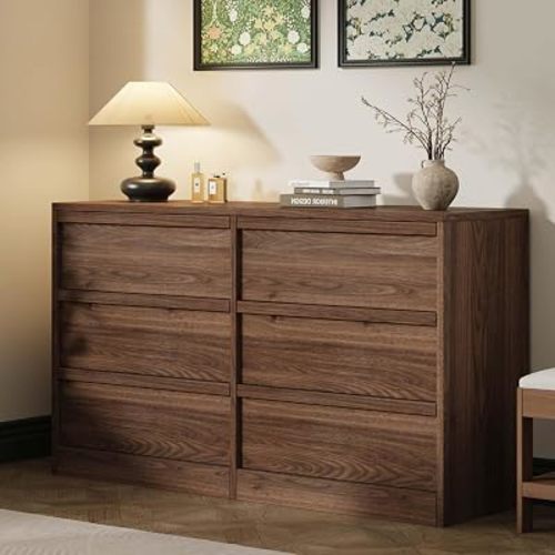 Garvee 6 Dresser for Bedroom, 46.7" Wide Dresser, Freestanding Horizontal Drawer with Storage, Wooden Closet Chest Storage for Living Room, Hallway, Entryway, Walnut