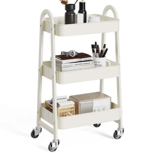 CONCETTA 3-Tier Utility Rolling Cart, Metal Mobile Storage Rack with Lockable Castors for Office, School, Bathroom, White