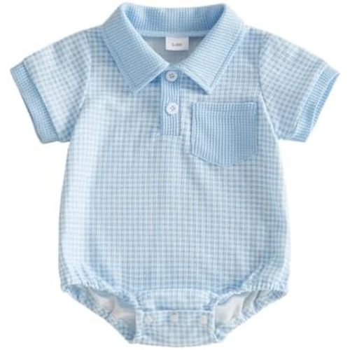 Newborn Baby Boy Summer Clothes Waffle Short Sleeve Lapel Button Romper Up Loose Fit Plaid Jumpsuit Baby Boy Outfit
