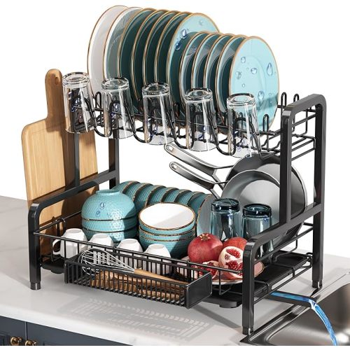 BOOSINY 2 Tier Black Stainless Steel Dish Drying Rack for Kitchen Counter | Large Capacity Dish Drainer with Drainboard, Utensil & Cup Holder, Space Saving Rustproof Metal Plates Rack, Easy to Clean