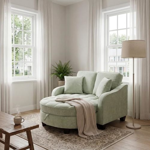 ERYE Chenille Tufted Loveseat Sofa and Ottoman Set, Tufted Recliner Sleeper Chaise Lounge with Curved Storage Ottoman,Reclining Backrest and Side Pockets, 4 Pillows