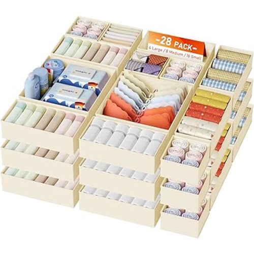 DIMJ Drawer Organizer Clothes, 28 Pack Dresser Organizer, Foldable Closet Organizers and Storage, Fabric Dresser Bins, Drawer Dividers for Nursery, Baby Clothes, Underwears, Sock,Beige