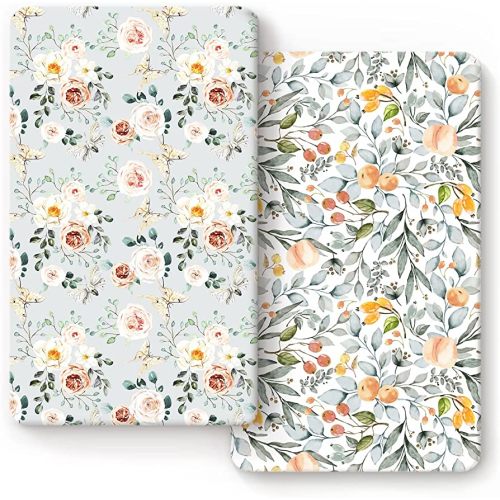 GRSSDER Stretchy Crib Sheets for Baby Girls, Ultra Soft Jersey Knit Fitted Crib Sheets 2 Pack, Universal Fits Most Toddler Crib Mattress Pads Safe and Snug, Stylish Flora Print