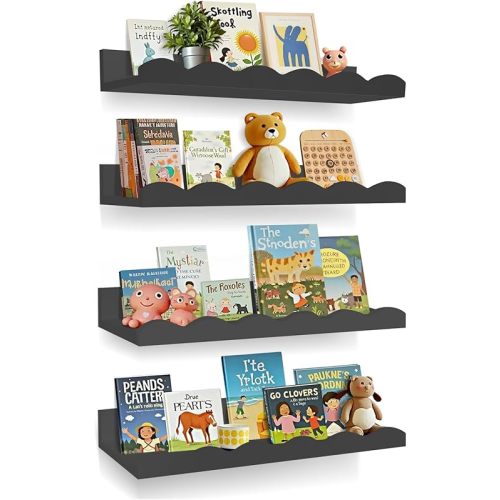 Nursery Book Shelves, 4 Pack Black Floating Shelves for Wall, Wood Scalloped Shelves for Storage Books, Wall Book Shelf for Kids Rooms, Bedroom, Toddler Room, Baby Room, Nursery Decor