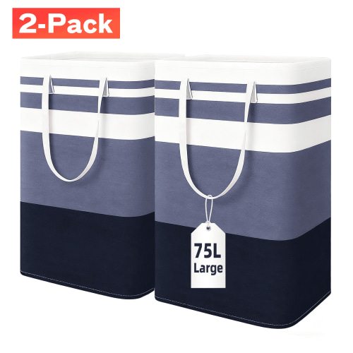 PKALQ 2 Pack Laundry Hampers Large Collapsible Laundry Baskets, Freestanding Waterproof Clothes Hamper with Easy Carry Handles in Laundry Room Bedroom Bathroom College Dorm, Blue 2 x 75L