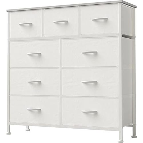 DUMOS Dresser for Bedroom, Storage Organizer with 9 Drawers, Chest of Drawers with Fabric Bins, Sturdy Metal Frame, Wood Tabletop for Guest Room, Closet, Entryway, White