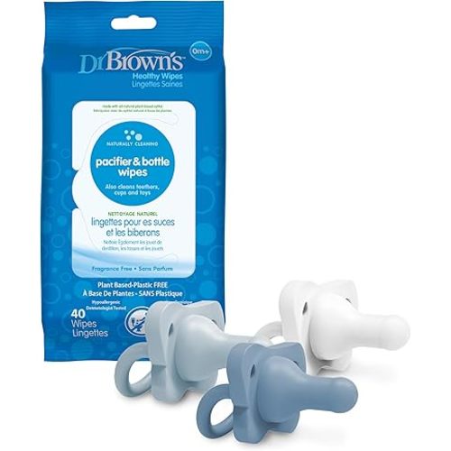 Dr. Brown's HappyPaci 100% Silicone Pacifier 0-6m, BPA Free, White, Blue, Light Blue, 3 Pack and Pacifier and Bottle Wipes, 40 Count