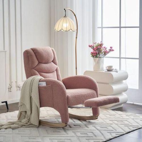 Modern Lounge Rocker,Pink Teddy Fabric Rocking Chair with Pockets,Comfy Accent Arm Chair with Solid Wood Legs,Leisure Chairs-Koiai