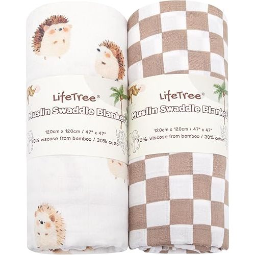 LifeTree Baby Swaddle Blankets, Boys Girls Muslin Swaddling Wrap Receiving Blanket for Newborn, 70% Viscose from Bamboo and 30% Cotton, Large 47" x 47", Hedgehog and Checkered