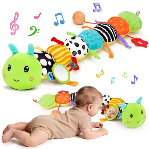 Baby Sensory Toy 0-6 Month Music Animal Stuffed Plush Caterpillar Toy for Infant 0-3-6-12 Month Old Tummy Time with Mirror Crinkle Rattle Toys for Newborn Boys Girl Shower Gifts Easter Basket Stuffer