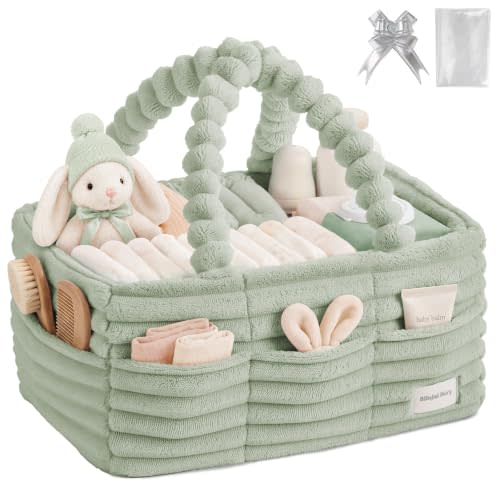 Blissful Diary Flannel Diaper Caddy Organizer & Gift Packaging, Light Green | Portable Baby Basket with Outer Pockets & Removable Dividers, Gift-Ready Packaging,Gift for Baby Shower, Newborn Essentials