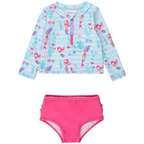 RuffleButts® Baby/Toddler Girls Long Sleeve Rash Guard 2 Piece Swimsuit Set w/UPF 50+ Sun Protection with Zipper