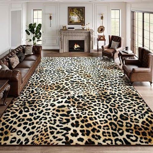 DweIke Leopard Print Rug for Living Room, Machine Washable 6x9 Cheetah Area Rugs for Bedroom, Non-Slip Low Pile Animal Hide Carpet with Rubber Backing for Dining Room Kitchen Home Decor,White Brown