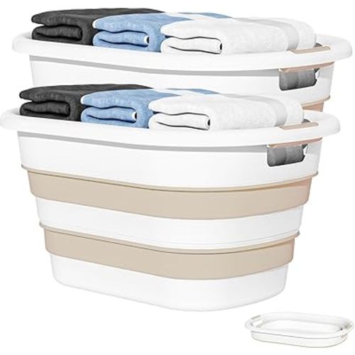 OOAMBB 43L(11.5Gallon) Collapsible Laundry Baskets plastic, Pop Up Laundry hamper/Storage Container, Foldable Laundry Basket with Large Capacity,Sturdy,Space Saver (Beige, 2 Packs)