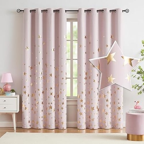 Pink Blackout Curtains for Girls Bedroom, 50 x 95 Inches Metallic Gold Star Printed Kids Window Curtains 2 Panel Sets, Energy Efficient Thermal Insulated Baby Nursery Drapes, Gold Pink, Grommet Top