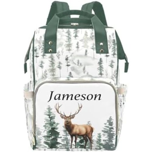 Personalized Diaper Bag Backpack for Women, Custom Name Nursing Mommy Daypack, Woodland Deer Diaper Bag for Girls Boys, New Mom Gifts