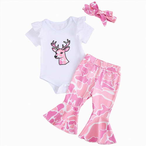 Xyant Newborn Baby Girl Hunting Clothes Deer Short Sleeve Romper Jungle Camo Flare Pants Headband Set 3 Piece Summer Outfit (Pink,12-18 Months)