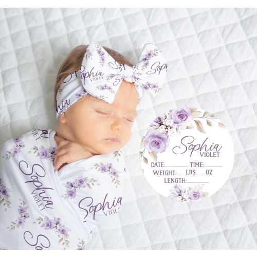 Personalized Rose Swaddle Blanket, Optional Bundle, Newborn Coming Home Outfit Photo Props, Baby Announcement Sign, Baby Shower Gift JS28