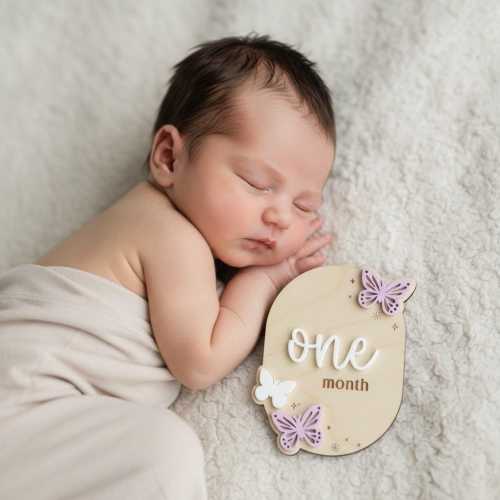Wooden Baby Monthly Milestone Set Butterfly Design | 3D Acrylic Accents | Months 1-12 | Neutral Blush | Custom Colors Available