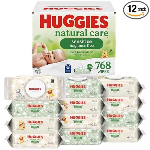 Huggies Natural Care Sensitive Baby Wipes, Unscented, Hypoallergenic, 99% Purified Water, 12 Flip-Top Packs (768 Wipes Total), Packaging May Vary