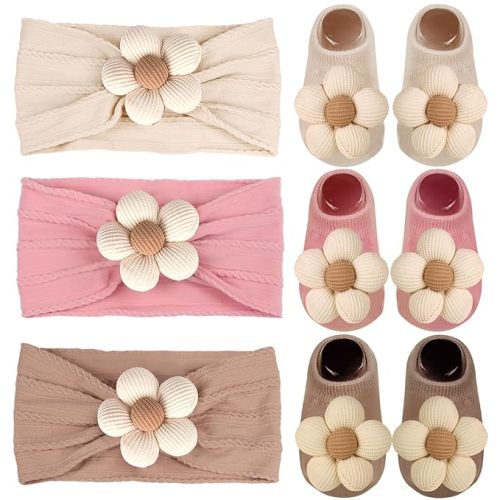 Baby Girls Headbands and Socks Newborn Flower Hairbands Non-Slip Grips Socks Nylon Hair Accessories Infants and Toddlers (Beige, 6-12 Months)