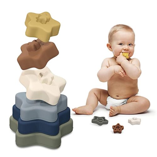Baby Stacking Toys - Silicone Rings Stackers - Teething Teether Toys - Building Blocks Tower for Boys Girls 6+ Months Early Educational Learning, Set of 6 PCS, Star Shape - A:yellow+green