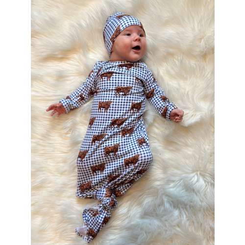 baby gown, knotted gown, tie gown with hat, gown, baby going home outfit girl boy, baby gown coming home outfit, baby gown set, cow gown