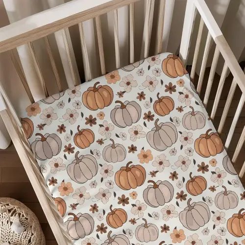 Fall Pumpkin Flowers Floral Pattern Baby Sheets for Crib, Unisex Autumn Nursery Fitted Bed Sheet for Boys Girls Standard Crib and Toddler Mattress-28x52