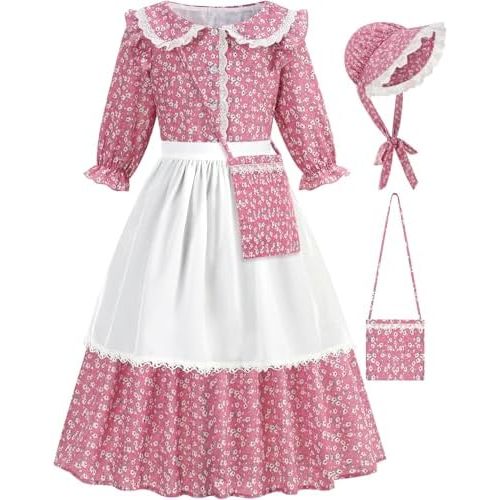 Girls Pioneer Costume Floral Colonial Prairie Dress for Little Kids with Apron and Bonnet