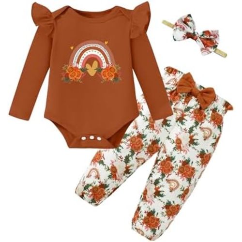 Baby Girl Clothes Newborn Infant Cotton Ruffle Romper+ Floral Pants + Headband Sets Fall Winter Outfits