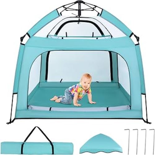 Portable Baby Playpen with Canopy, Infant Play Yard, Beach Tent, Mosquito Net for Indoor and Outdoor (Green)