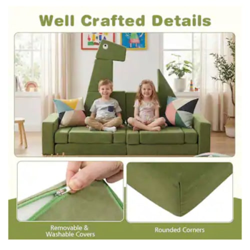 Costway - 13 PCS Modular Kids Play Couch, Multifunctional Convertible Kids Sofa Furniture Dinosaur - Green