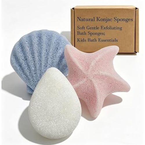 Natural Konjac Sponges, Baby Sponge for Bathing(Cute Shape: Seashell, Starfish, Water Drop), Soft Gentle Exfoliating Sponges for Face, Kids, Toddlers, Kids Bath Essentials