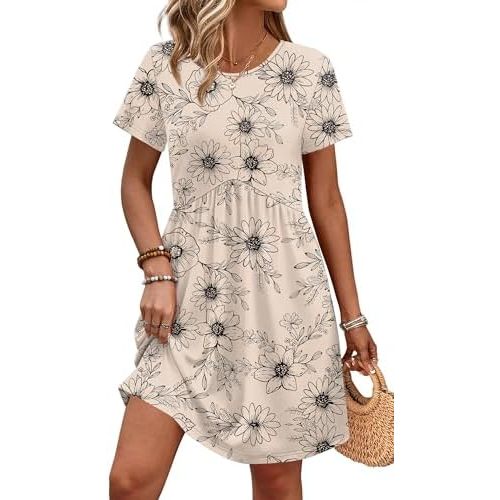 OFEEFAN Spring Dresses for Women 2026 Short Sleeve Crew Neck Casual Dresses Empire Waist Maternity Dress with Pockets
