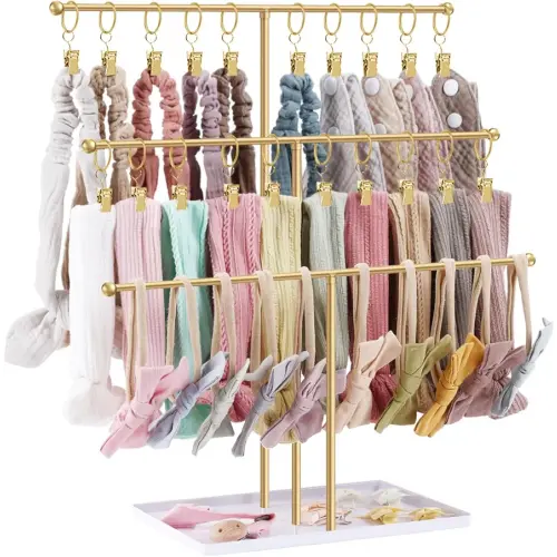 POVETIRE Headband Holder Stand Storage for Baby, 3 Tier Wooden Bow Organizer for Girls Hair Bows, Infant Hair Accessories Rack Display for Nursery Decor