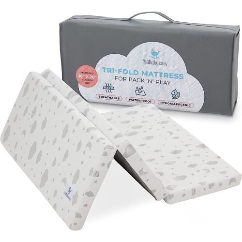 Babylicious Waterproof Pack and Play Mattress Topper | 38" x 26" x 1.5" | Trifold Style - Breathable Soft Plush Foam - Portable Mattress Topper- Baby Foam Mattresses for Babies