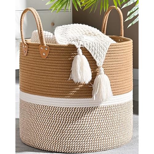 KAKAMAY Large Blanket Basket (18"x18"x16"),Woven Baby Laundry Hamper for Storage, Cotton Rope Blankets Baskets for Nursery, Laundry, Living Room, Pillows, Baby Toy chest with Handles (Brown)